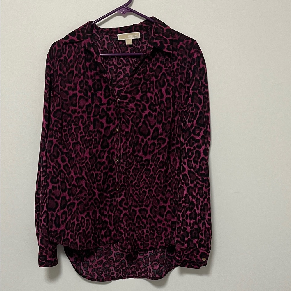 Michael Kors Leopard Print Button Down Shirt - Dark Pink